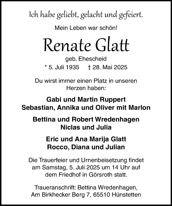 Traueranzeige von Renate Glatt von Idsteiner Land/Untertaunus
