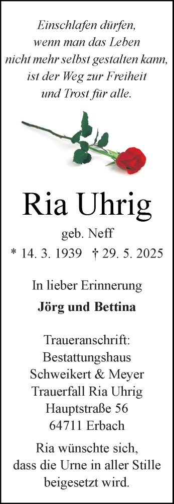 Traueranzeige von Ria Uhrig von Odenwälder Echo