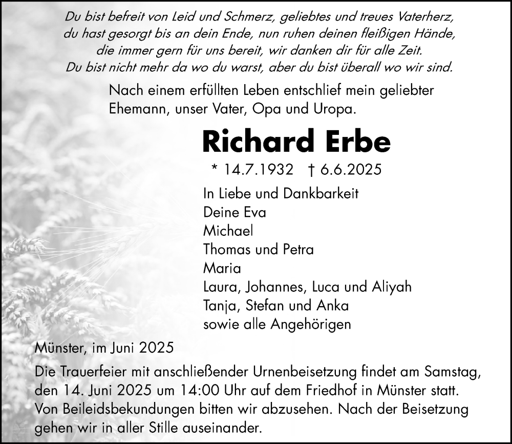  Traueranzeige für Richard Erbe vom 12.06.2025 aus Camberger Anzeiger
