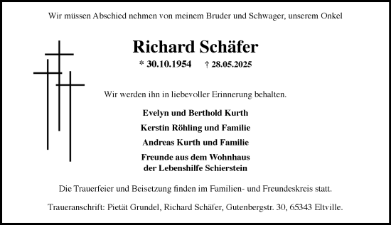 Traueranzeige von Richard Schäfer von Wiesbadener Kurier