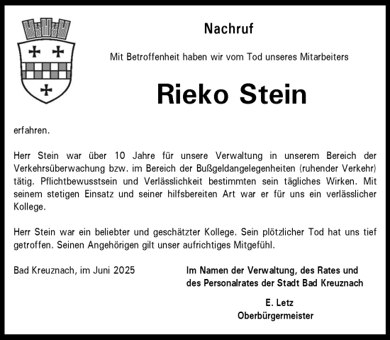 Traueranzeige von Rieko Stein von Allgemeine Zeitung Rheinhessen-Nahe