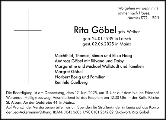 Traueranzeige von Rita Göbel von Allgemeine Zeitung Mainz