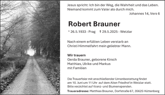 Traueranzeige von Robert Brauner von Wetzlarer Neue Zeitung