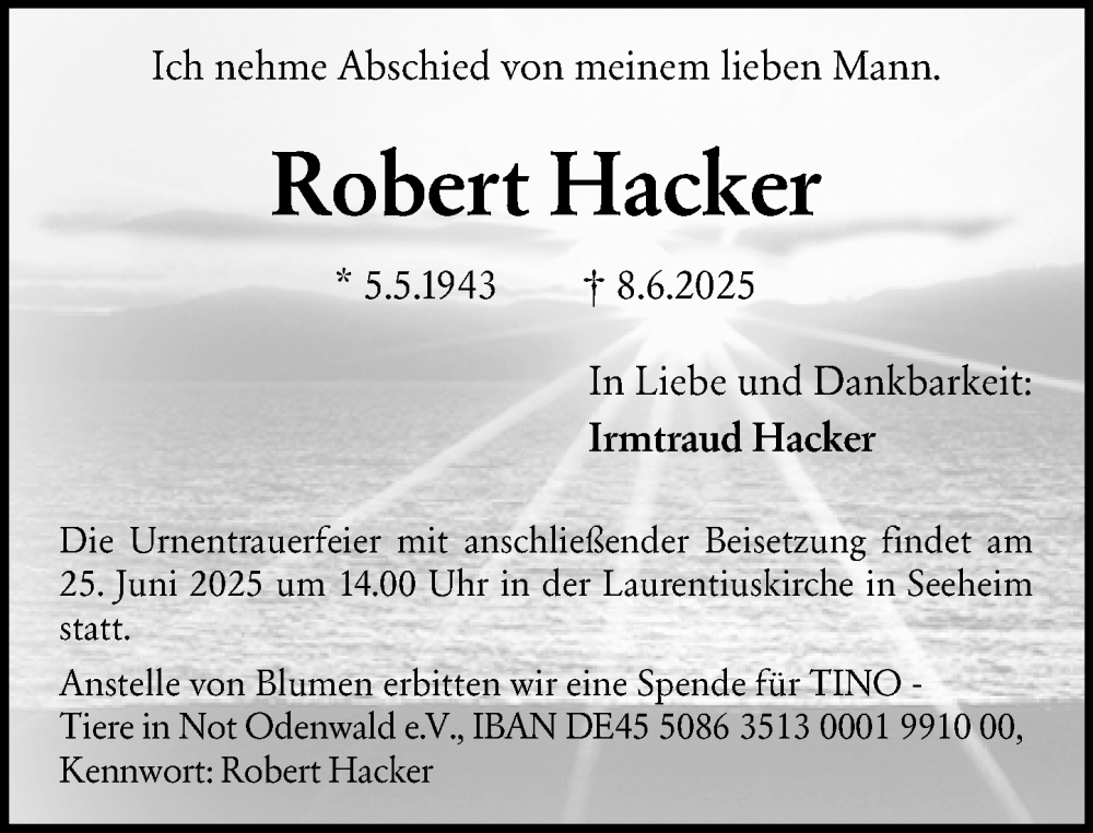  Traueranzeige für Robert Hacker vom 21.06.2025 aus Darmstädter Echo