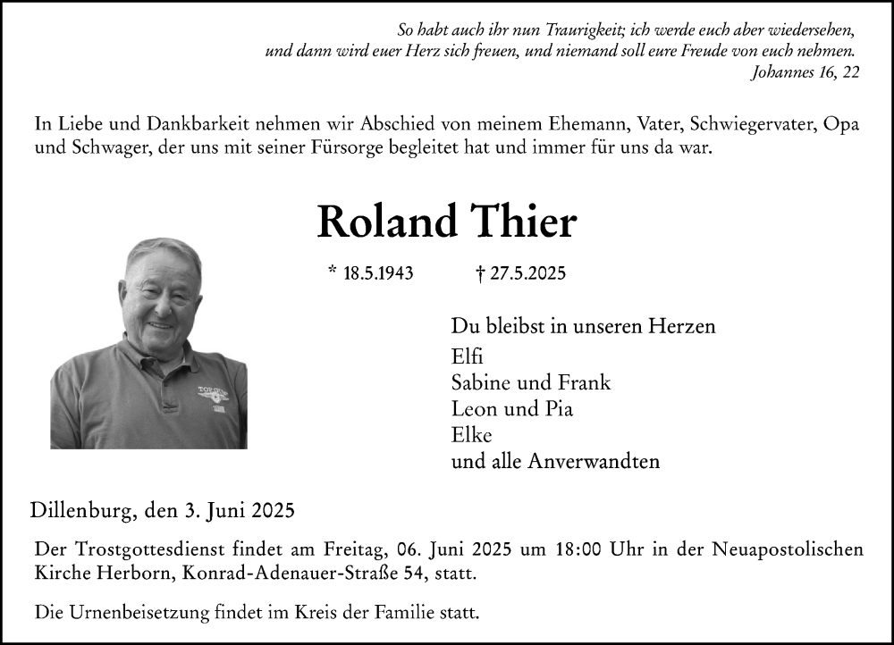  Traueranzeige für Roland Thier vom 03.06.2025 aus Dill Block