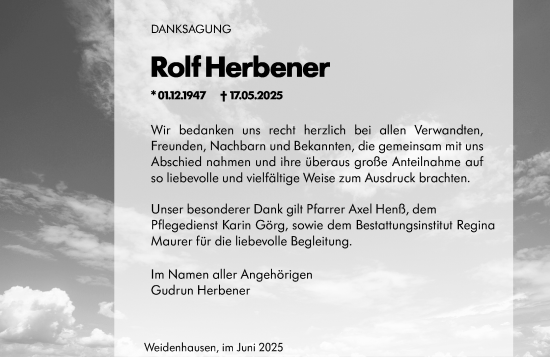 Traueranzeige von Rolf Herbener von Hinterländer Anzeiger