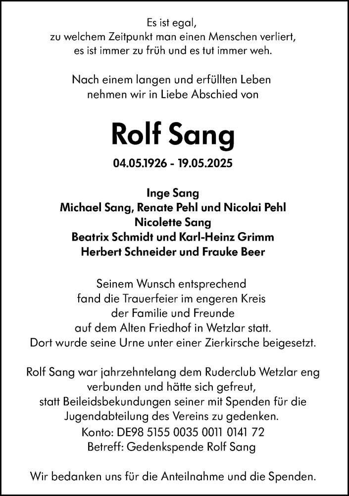  Traueranzeige für Rolf Sang vom 14.06.2025 aus Wetzlarer Neue Zeitung
