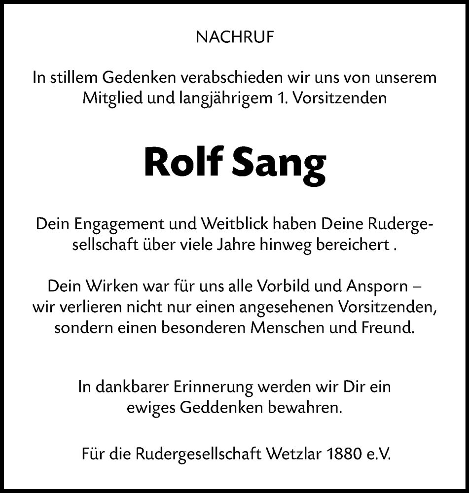  Traueranzeige für Rolf Sang vom 21.06.2025 aus Wetzlarer Neue Zeitung