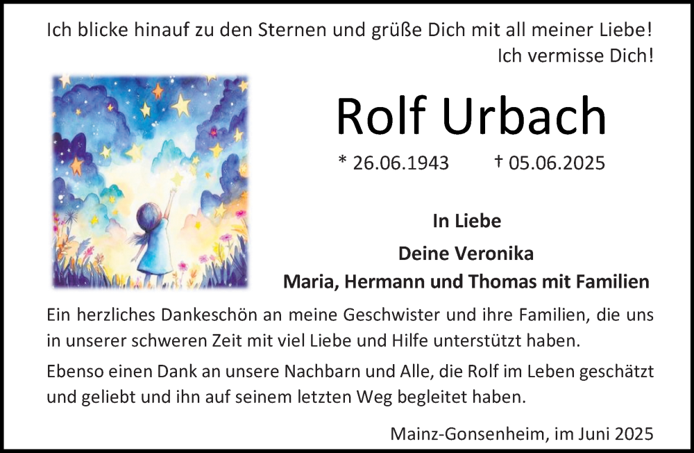  Traueranzeige für Rolf Urbach vom 28.06.2025 aus Allgemeine Zeitung Mainz