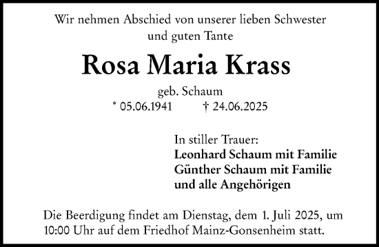 Traueranzeige von Rosa Maria Krass von Allgemeine Zeitung Mainz
