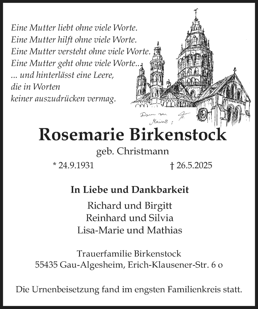  Traueranzeige für Rosemarie Birkenstock vom 21.06.2025 aus Allgemeine Zeitung Mainz