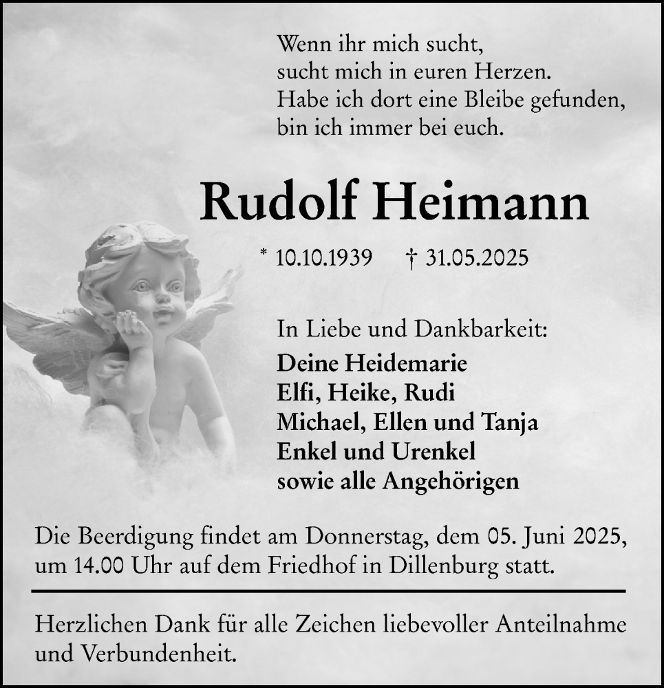  Traueranzeige für Rudolf Heimann vom 04.06.2025 aus Dill Block
