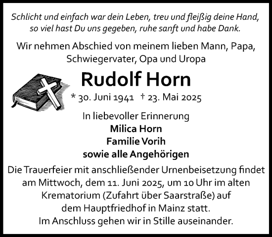Traueranzeige von Rudolf Horn von Allgemeine Zeitung Mainz