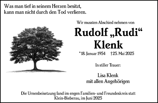 Traueranzeige von Rudolf Klenk von Darmstädter Echo