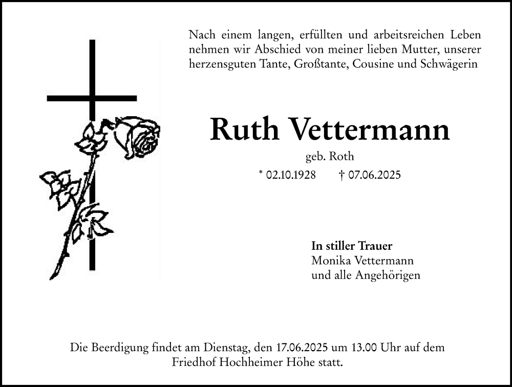  Traueranzeige für Ruth Vettermann vom 14.06.2025 aus Wormser Zeitung