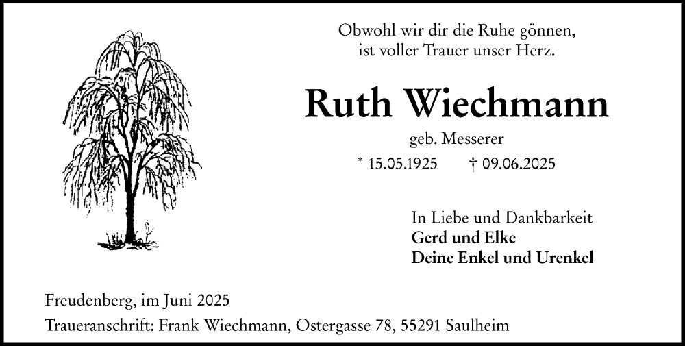  Traueranzeige für Ruth Wiechmann vom 14.06.2025 aus Wiesbadener Kurier