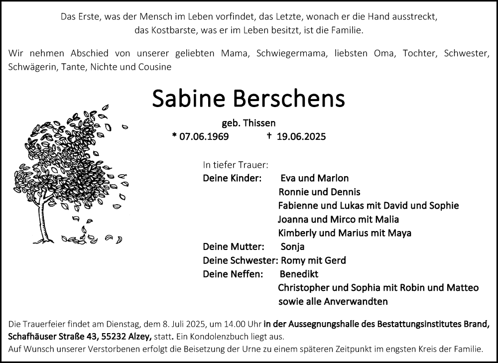  Traueranzeige für Sabine Berschens vom 28.06.2025 aus Allgemeine Zeitung Alzey