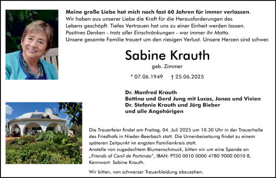 Traueranzeige von Sabine Krauth von Darmstädter Echo