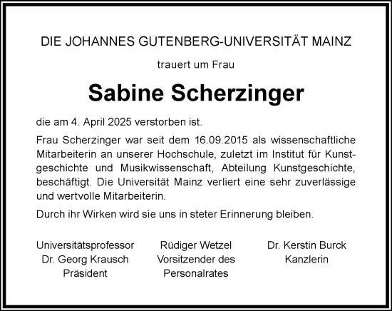 Traueranzeige von Sabine Scherzinger von Allgemeine Zeitung Mainz