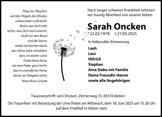 Traueranzeige von Sarah Oncken von Idsteiner Land/Untertaunus