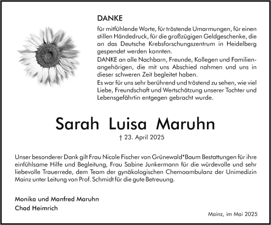 Traueranzeige von Sarah Luisa Maruhn von Allgemeine Zeitung Mainz