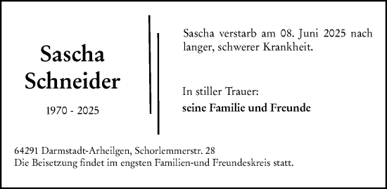 Traueranzeige von Sascha Schneider von Darmstädter Echo
