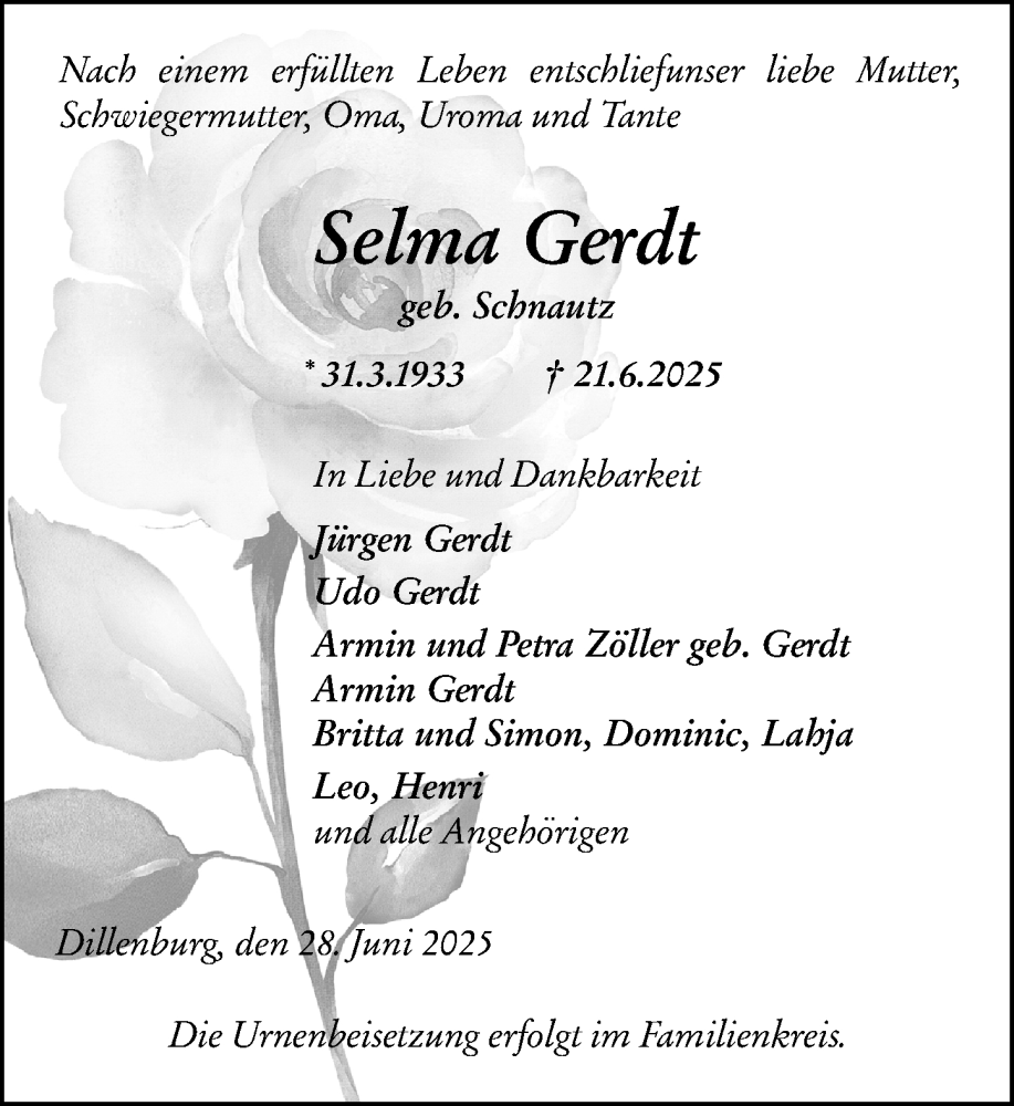  Traueranzeige für Selma Gerdt vom 28.06.2025 aus Dill Block