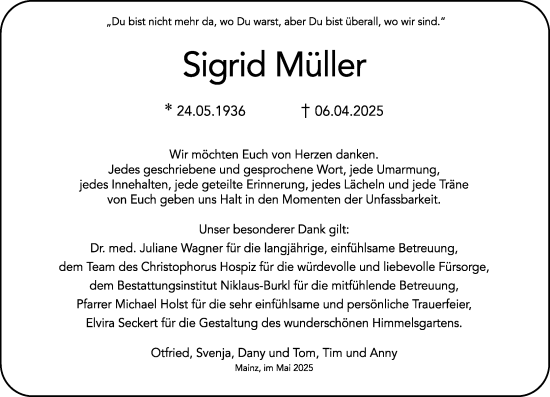 Traueranzeige von Sigrid Müller von Allgemeine Zeitung Mainz