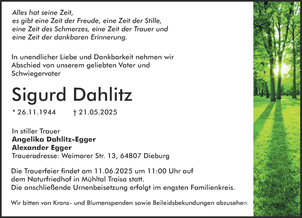  Traueranzeige für Sigurd Dahlitz vom 07.06.2025 aus Darmstädter Echo