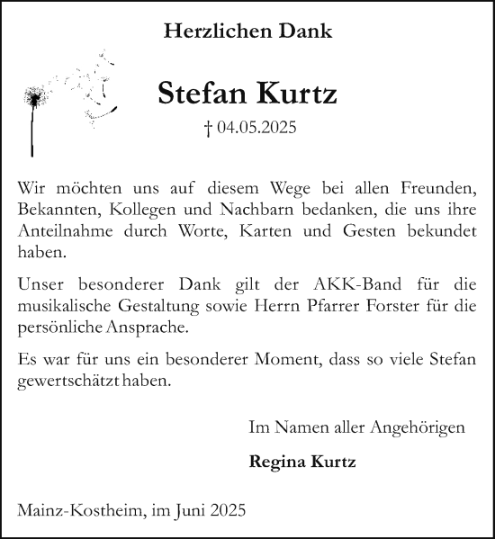Traueranzeige von Stefan Kurtz von Allgemeine Zeitung Mainz
