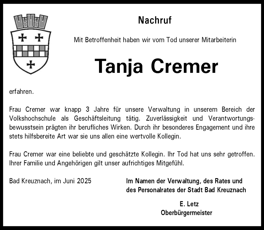  Traueranzeige für Tanja Cremer vom 14.06.2025 aus Allgemeine Zeitung Rheinhessen-Nahe