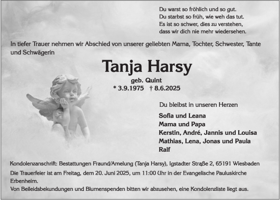Traueranzeige von Tanja Harsy von Wiesbadener Kurier