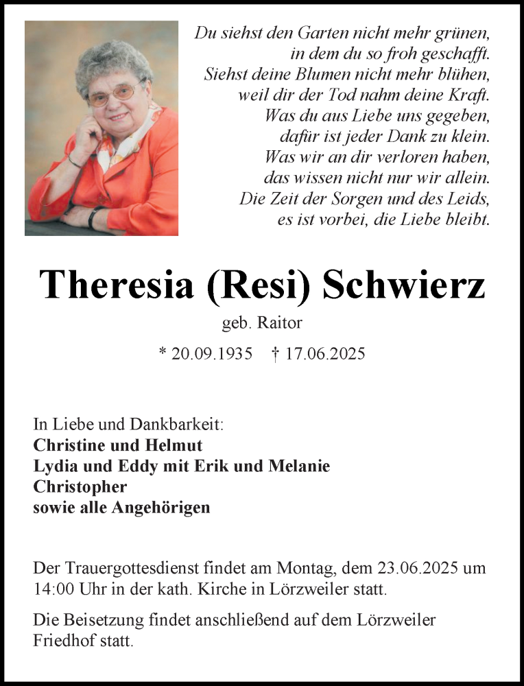  Traueranzeige für Theresia Schwierz vom 21.06.2025 aus Allgemeine Zeitung Mainz