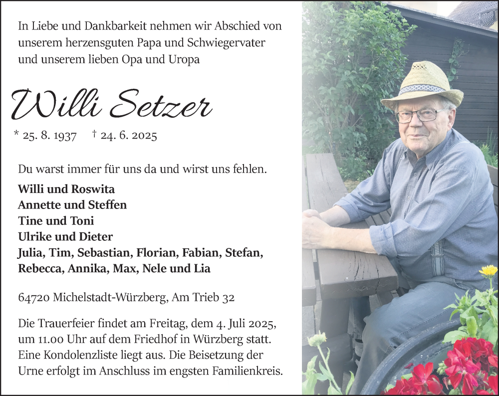  Traueranzeige für Willi Setzer vom 28.06.2025 aus Odenwälder Echo