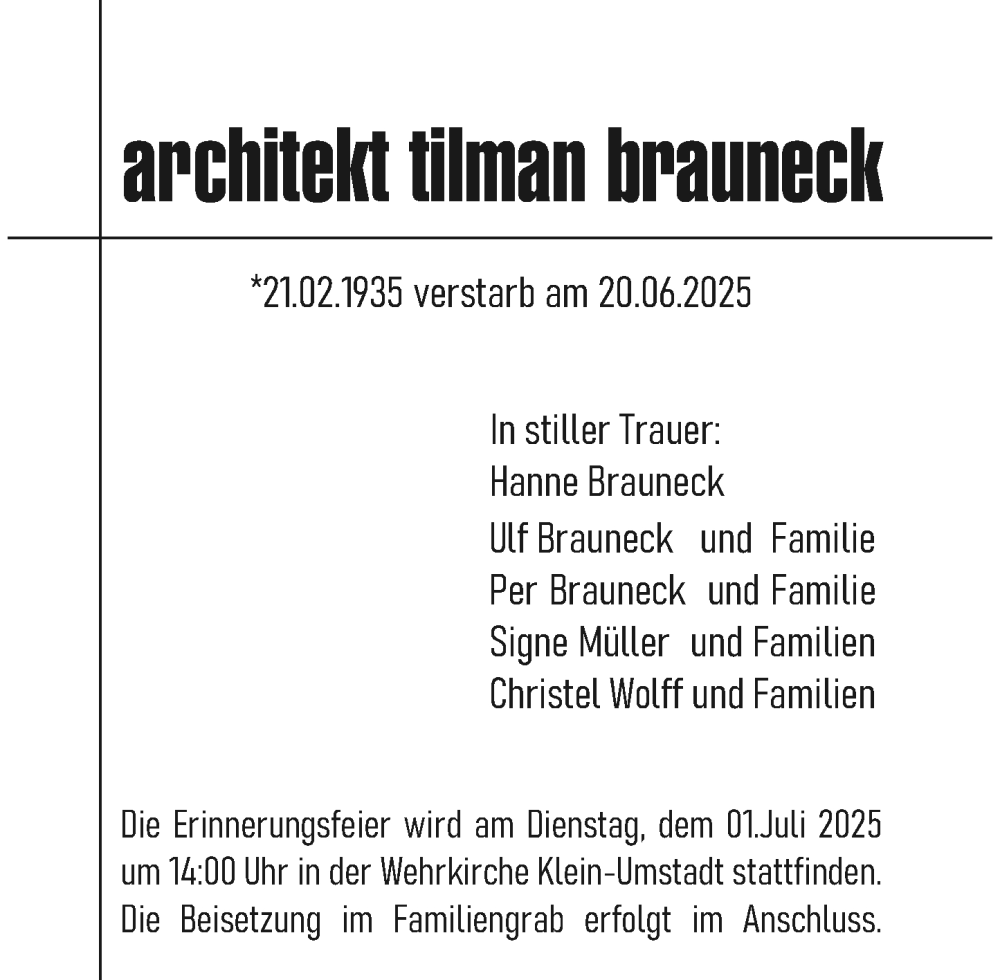  Traueranzeige für Tilman Brauneck vom 28.06.2025 aus Darmstädter Echo