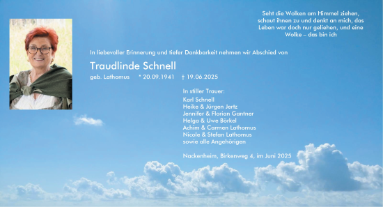Traueranzeige von Traudlinde Schnell von Allgemeine Zeitung Mainz