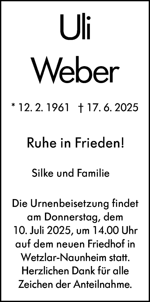 Traueranzeige von Uli Weber von Wetzlarer Neue Zeitung