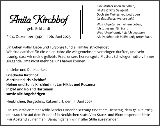 Traueranzeige von Unita Kirchhof von Wetzlarer Neue Zeitung