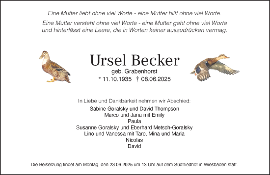 Traueranzeige von Ursel Becker von Wiesbadener Kurier