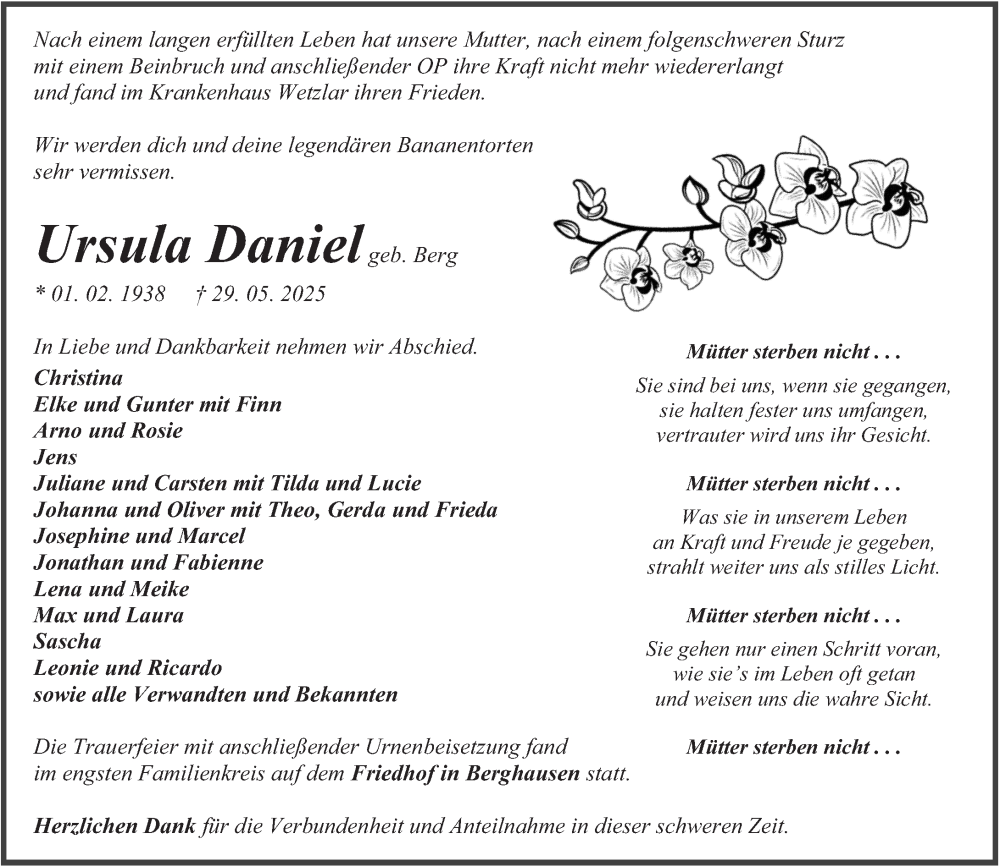  Traueranzeige für Ursula Daniel vom 14.06.2025 aus Wetzlarer Neue Zeitung