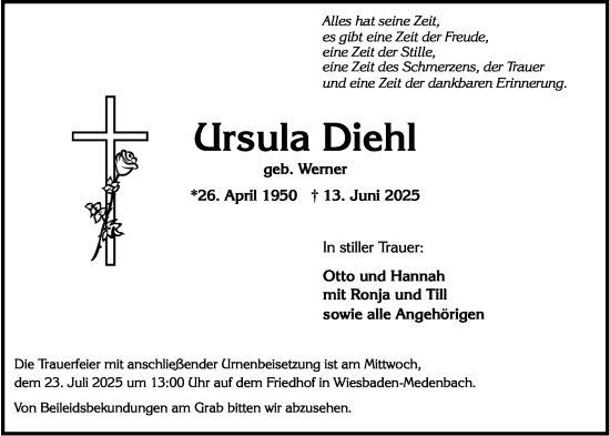 Traueranzeige von Ursula Diehl von Wiesbadener Kurier