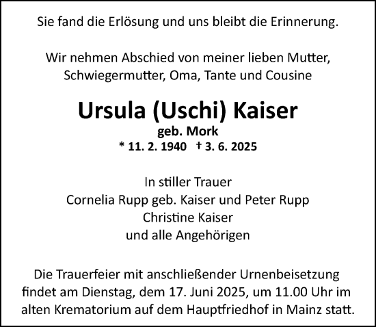 Traueranzeige von Ursula Kaiser von Allgemeine Zeitung Mainz