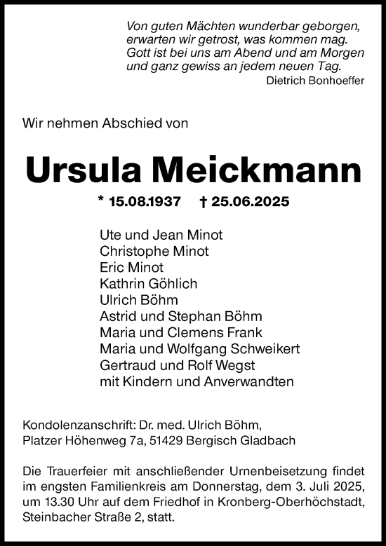 Traueranzeige von Ursula Meickmann von Idsteiner Land/Untertaunus