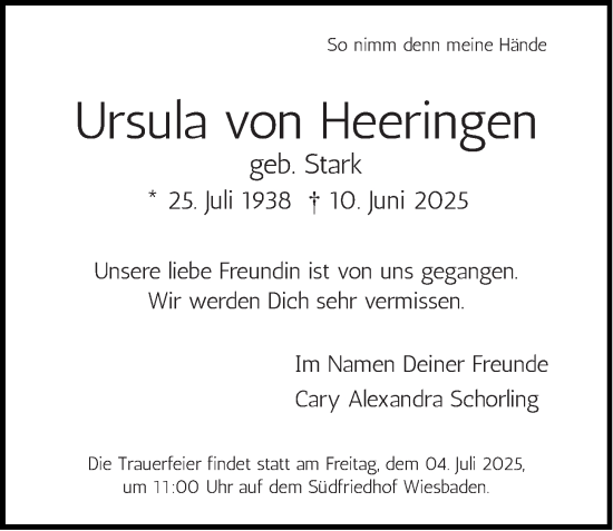 Traueranzeige von Ursula von Heeringen von Wiesbadener Kurier