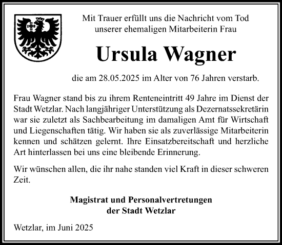 Traueranzeige von Ursula Wagner von Wetzlarer Neue Zeitung