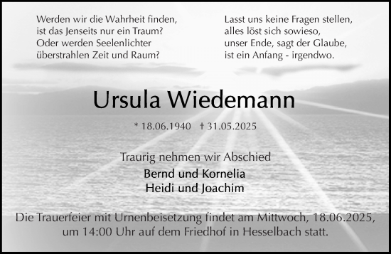 Traueranzeige von Ursula Wiedemann von Odenwälder Echo
