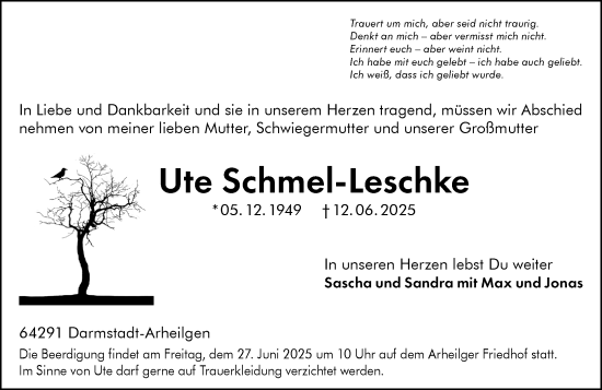 Traueranzeige von Ute Schmel-Leschke von Darmstädter Echo