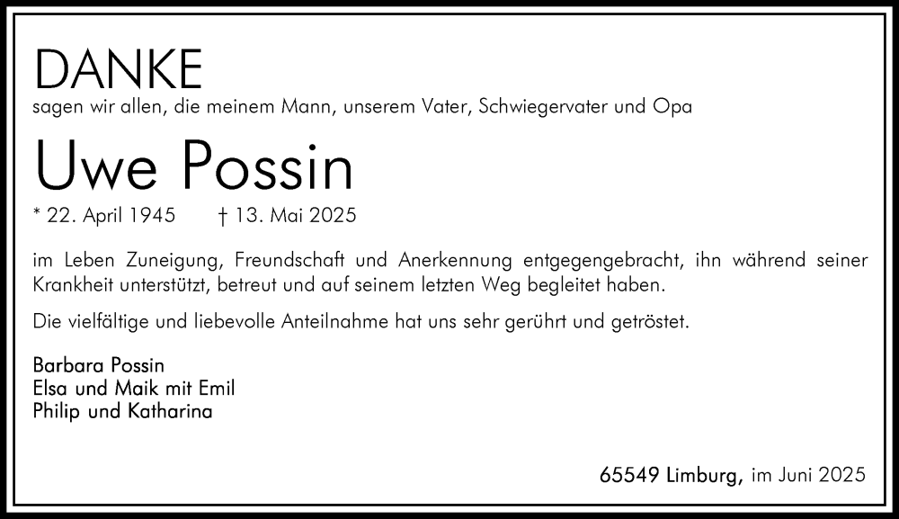  Traueranzeige für Uwe Possin vom 14.06.2025 aus Nassauische Neue Presse
