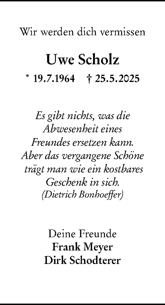  Traueranzeige für Uwe Scholz vom 14.06.2025 aus Odenwälder Echo