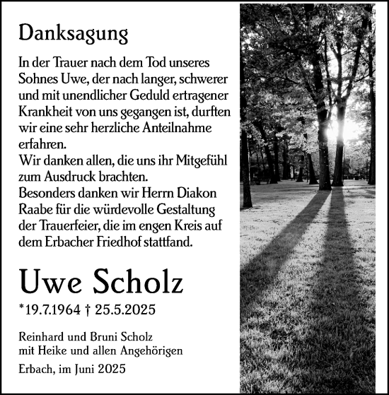 Traueranzeige von Uwe Scholz von Odenwälder Echo